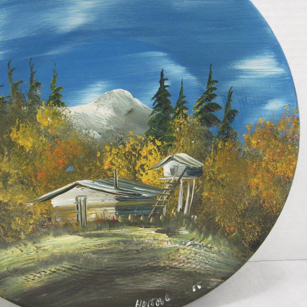 Hand Painted Metal Bowl Mountain Autumn Tree Cabin - Picture 3 of 8